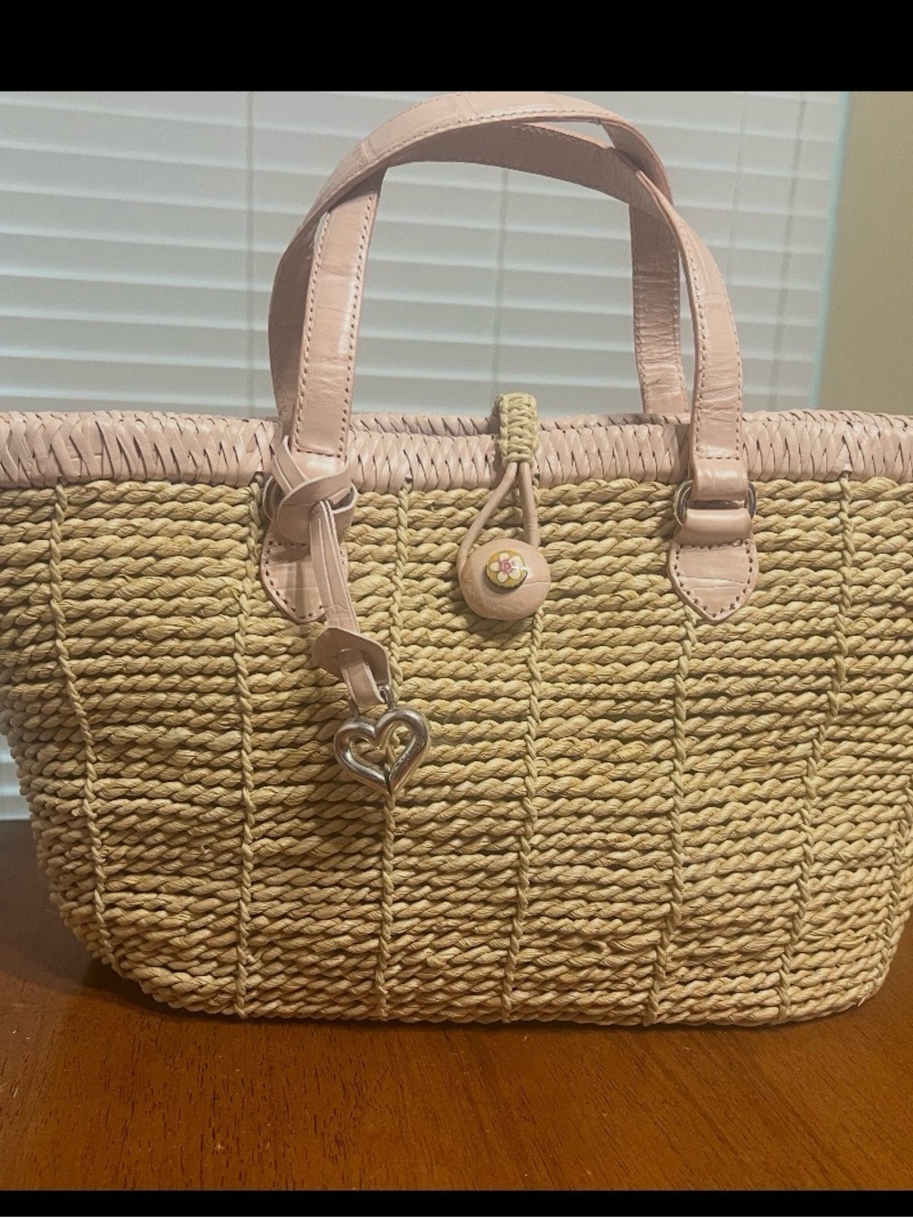Woven Straw Tote with Pink Trim
